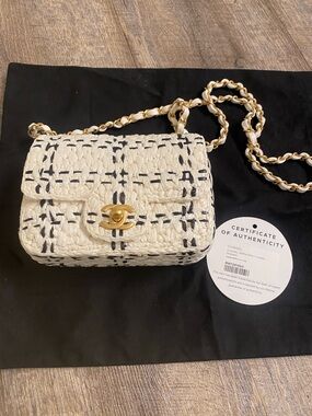 CHANEL Raffia Effect Tweed mini flap bag